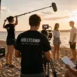 Jugendliche bei Dreharbeiten am Strand – KI generiert
