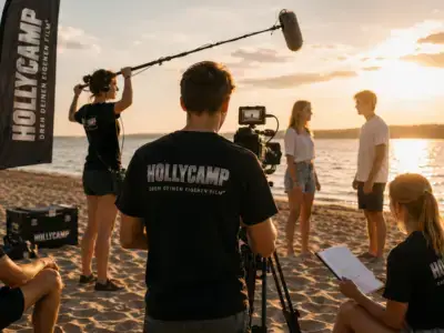 Jugendliche bei Dreharbeiten am Strand – KI generiert