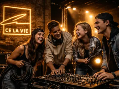 Vier junge Leute lachen gemeinsam an einem DJ-Mischpult in einem Club; im Hintergrund leuchtet ein „CE LA VIE“-Schild – KI generiert
