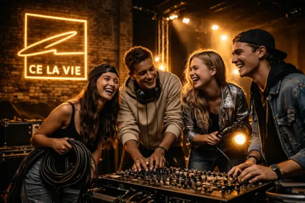 Vier junge Leute lachen gemeinsam an einem DJ-Mischpult in einem Club; im Hintergrund leuchtet ein „CE LA VIE“-Schild – KI generiert