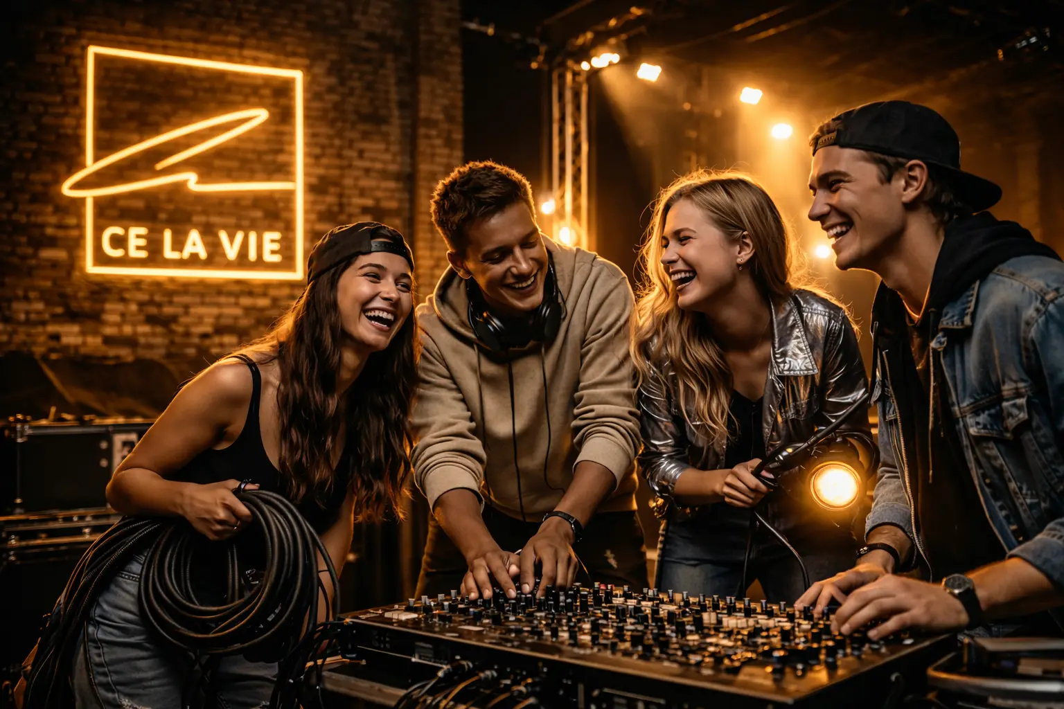 Vier junge Leute lachen gemeinsam an einem DJ-Mischpult in einem Club; im Hintergrund leuchtet ein „CE LA VIE“-Schild – KI generiert