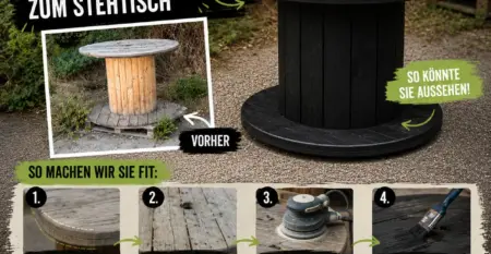 Infografik zum Bau eines Stehtischs aus einer Kabeltrommel mit Vorher-Nachher-Bild und vier Arbeitsschritten – KI generiert